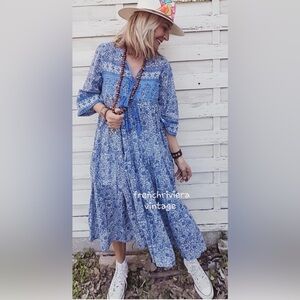 LA PLAGE Size Medium Blue & White floral Blockprint Midi Dress M